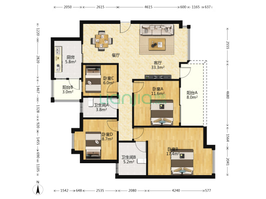 弘泰豪庭 4室1厅2卫 129平方