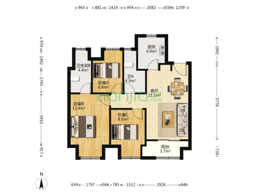 金地翡翠名苑 3室1厅2卫 91平方