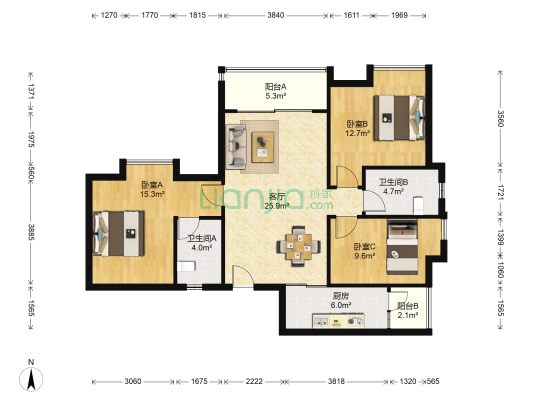 翠华绿茵苑 3室1厅2卫 106平方