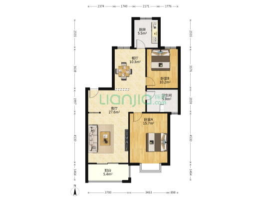 长航地中海花园 2室2厅1卫 106平方