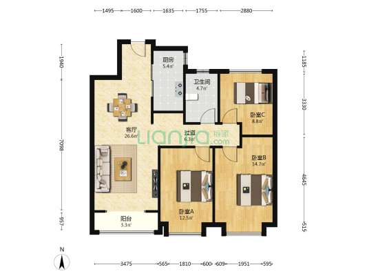 融创融旭园 3室1厅1卫 113平方