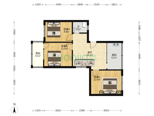 高升桥北街5号 3室1厅1卫 75平方