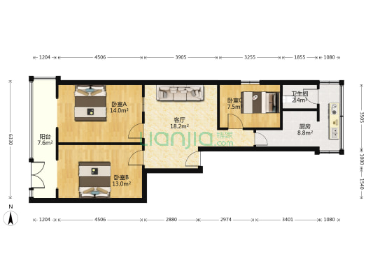 夹河前街73号院 3室1厅1卫 86平方