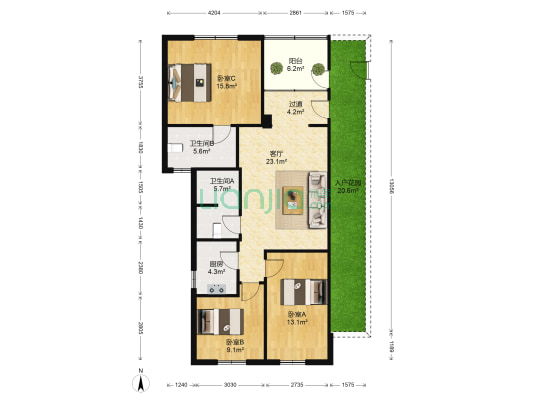 天宝花园一期 3室1厅2卫 102平方