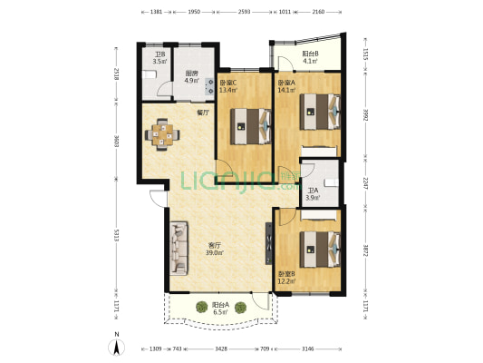 三叶花园 3室1厅2卫 113平方