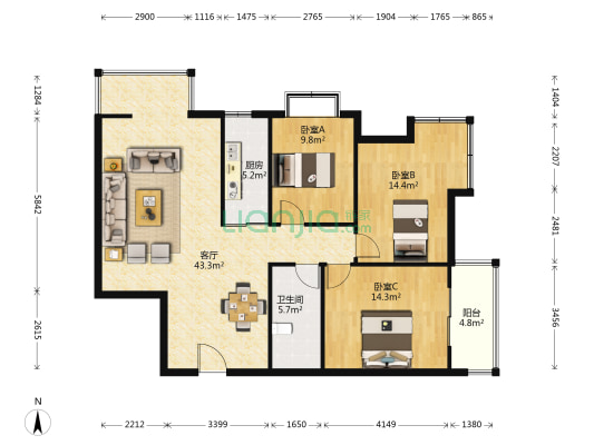 龙河盛都 3室1厅1卫 127平方