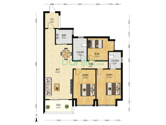 五源河公寓三期E区 3室1厅2卫 123平方