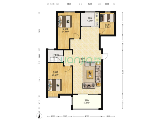 书香一品北园 3室1厅1卫 104平方