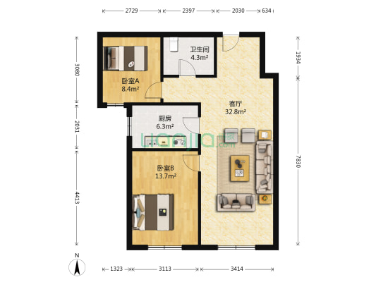 鸿坤理想湾南区 2室1厅1卫 89平方