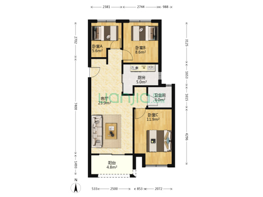 东原阅城一期 3室1厅1卫 88平方
