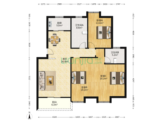左岸风景苑 3室1厅2卫 127平方