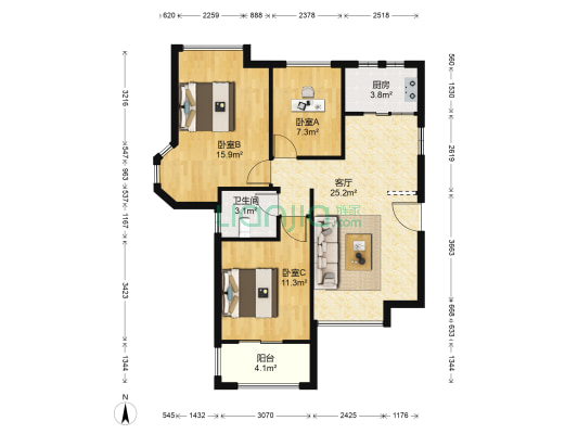 上城国际新界 3室1厅1卫 91平方