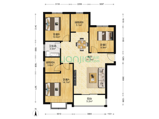 郑上品 3室1厅1卫 121平方