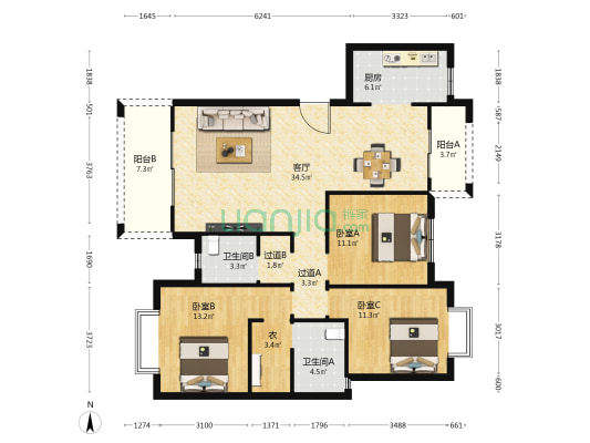北尚御景C区 3室1厅2卫 134平方
