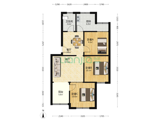 教师村 3室2厅1卫 83平方