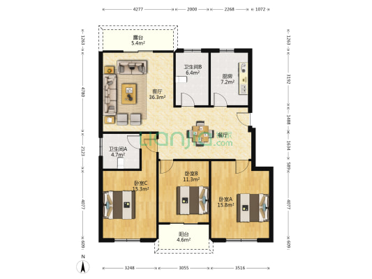 雅居美域 3室1厅2卫 121平方
