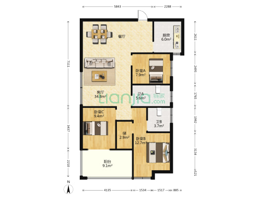 天龙国际 3室1厅2卫 122平方