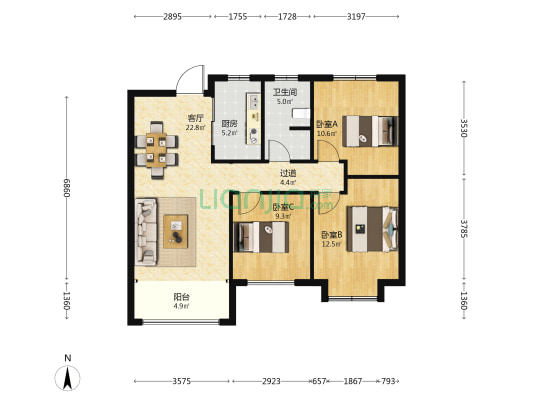 荣盛公园印象景园 3室1厅1卫 107平方