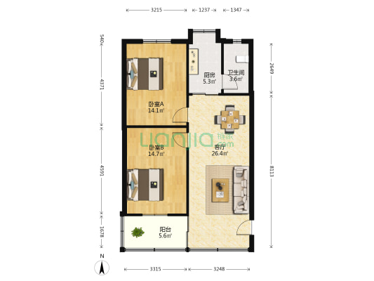 邮政宿舍 2室1厅1卫 80平方