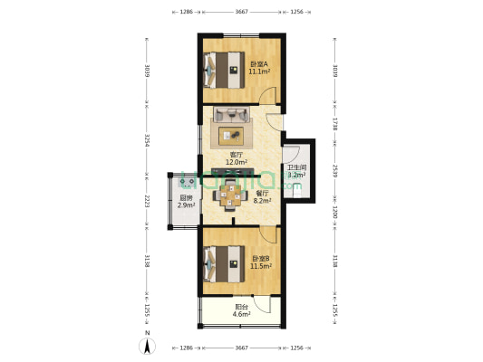  2室2厅1卫 67平方