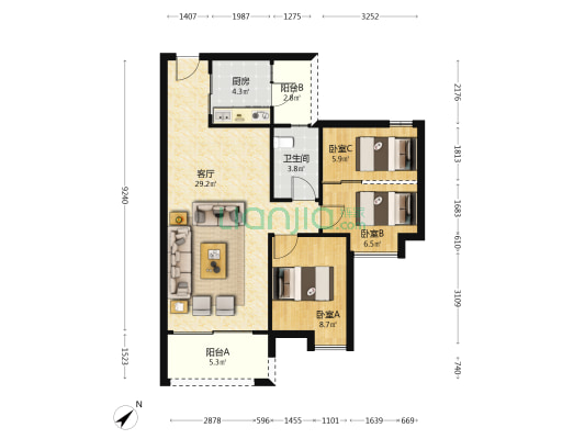 东田山畔华庭 3室1厅1卫 82平方
