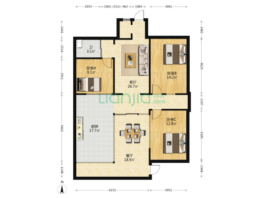 虹山煤气公司宿舍 3室2厅1卫 55平方