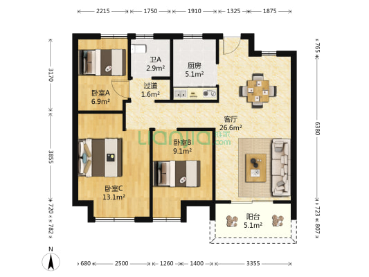 孔雀城半岛跃府 3室1厅1卫 88平方