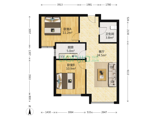 高铁新干线 2室1厅 南-户型图