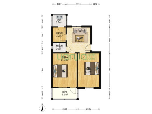 矿山西13号 2室1厅1卫 58平方