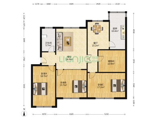双珠花园 3室2厅1卫 138平方