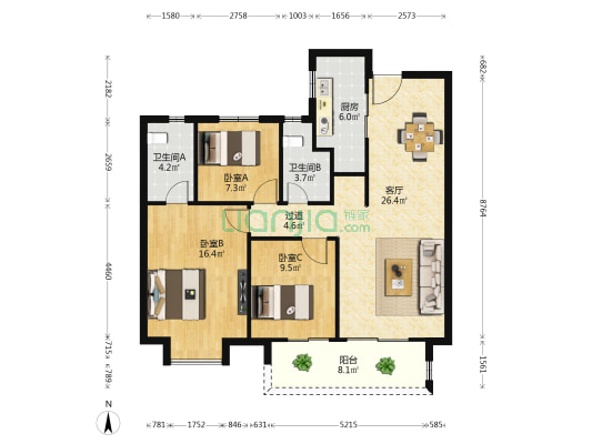 保利洪源泰府 3室1厅2卫 111平方