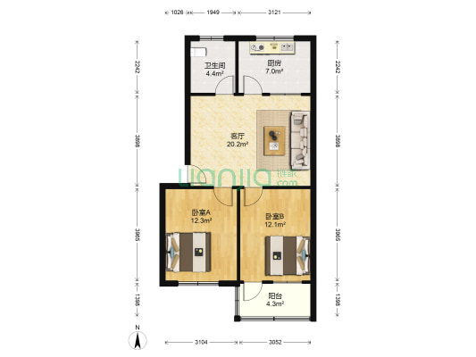 黄金巷小区 2室1厅1卫 74平方