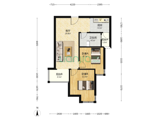 出售天伦湾小区，落地窗，集中供暖，环境优美二居室。-户型图