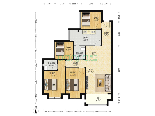 林元康城 4室1厅2卫 105平方