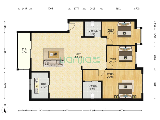安阳路七百一十二号 3室1厅2卫 146平方