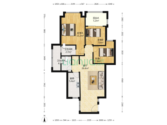 中庚城C组团 3室1厅2卫 91平方