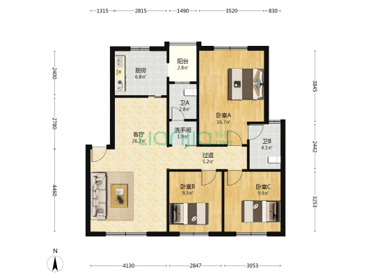 荣源小区 3室1厅3卫 106平方