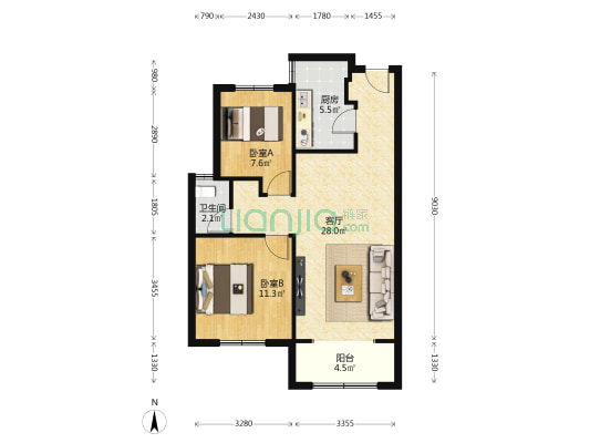 廊坊·来康郡润德院 2室1厅1卫 88平方