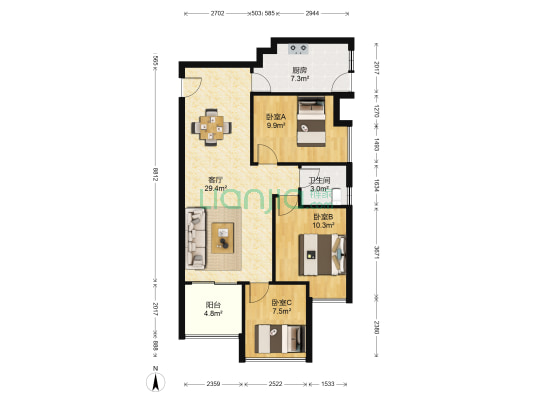 北陆新居 3室1厅1卫 91平方