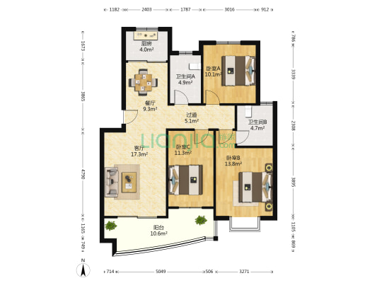 清华园 3室2厅2卫 108平方