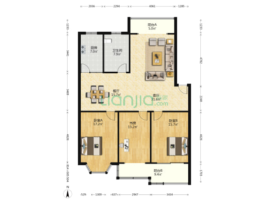 中洋水景园 3室2厅1卫 143平方