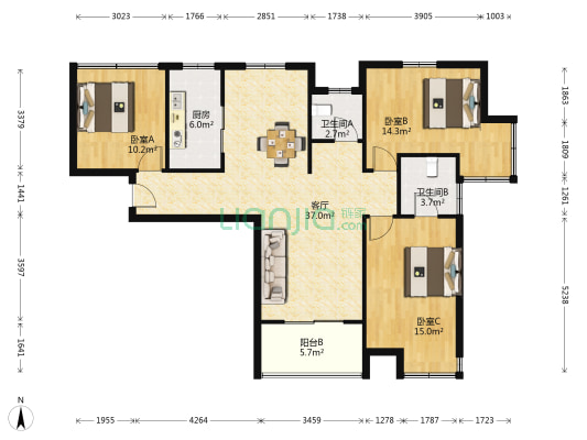 红星国际生活广场 3室1厅2卫 122平方