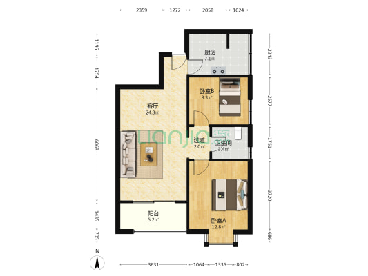 汉通大厦 2室1厅1卫 78平方