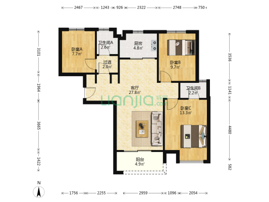 绿地花语城 3室1厅2卫 107平方