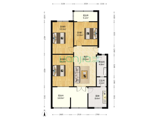 东城根上街4号 3室1厅2卫 101平方