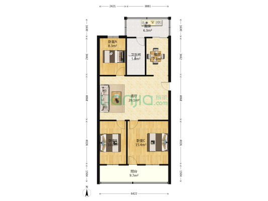 韩山民惠园 3室2厅1卫 108平方