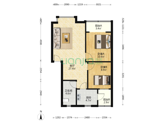 技校区 2室1厅1卫 72平方