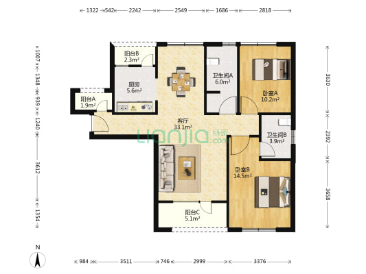 御麓湾 2室1厅2卫 104平方