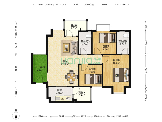 锦绣阳光(温江) 3室1厅2卫 102平方