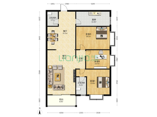 德馨园 3室2厅2卫 166平方